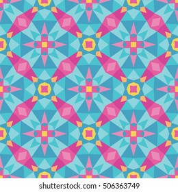 Abstract geometric background - seamless vector pattern in pink and blue colors. Ethnic boho style. Mosaic ornament structure. Carpet fragment.