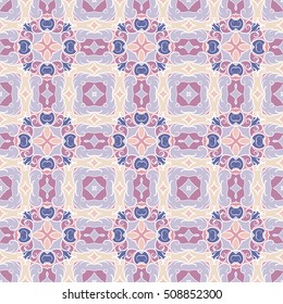 Abstract geometric background. Seamless vector pattern in pink, lilac and blue colors. Ethnic boho style. Mosaic ornament structure. Carpet fragment.