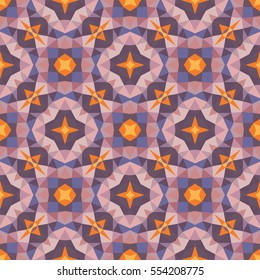 Abstract geometric background - seamless vector pattern in orange, violet, and lilac colors. Ethnic boho style. Mosaic ornament structure. Carpet fragment.