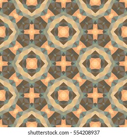 Abstract geometric background - seamless vector pattern in pink, beige, brown and green colors. Ethnic boho style. Mosaic ornament structure. Carpet fragment.