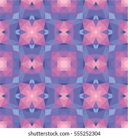 Abstract geometric background - seamless vector pattern in violet, pink and lilac colors. Ethnic boho style. Mosaic ornament structure. Carpet fragment.