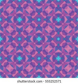 Abstract geometric background - seamless vector pattern in violet, pink and lilac colors. Ethnic boho style. Mosaic ornament structure. Carpet fragment.