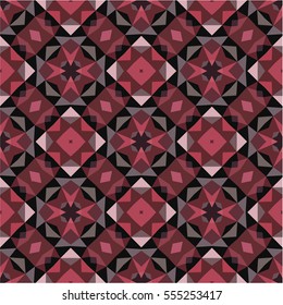 Abstract geometric background - seamless vector pattern in pink, gray and black colors. Ethnic boho style. Mosaic ornament structure. Carpet fragment.