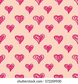 Abstract Geometric Background - Seamless Vector Pattern with Red Hearts for Valentine's Day. Sketch hatch drawing design style. 