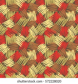 Abstract geometric background - seamless vector pattern in sketch drawing style. Brown, red, beige vintage pastel colors. Hatch texture design. Messy ragged lines. 