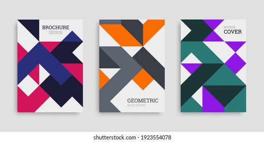 Abstract geometric background. Set of A4 vertical brochures. Cover design in flat style. Vector illustration. Business template collection. Design poster, cover, wallpaper, notebook, catalog.