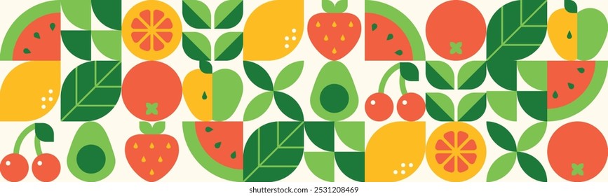 Abstrakter geometrischer Hintergrund. Satz von Symbolen im einfachen flachen Stil. Nahtloses Muster.Frische Bio-Lebensmittel.Früchte, Blätter und Beeren. Wassermelone, Kirsche, Erdbeere und Orangenscheiben.Vektorgrafik.