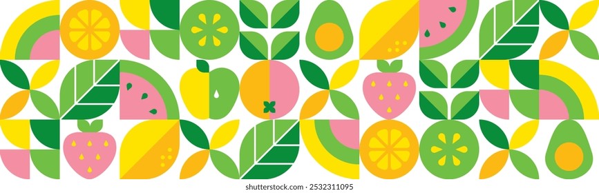 Fondo geométrico Abstractas. Conjunto de iconos en estilo plano simple. Patrón sin fisuras. Comida orgánica fresca. Frutas, hojas y bayas. Sandía, manzana, fresa y rodajas de naranja.Ilustración vectorial.