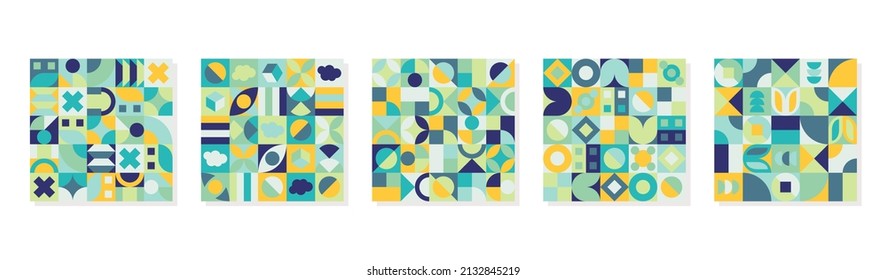 Abstract Geometric Background Set. Neo Geo Pattern Design. Abstract Pattern with unique Shapes. Good for Banner, Flyer, Printing Design, Brochure, Textile, Pillow Case, Bed Sheet, Cover Design