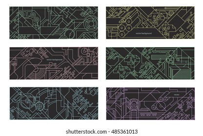 Abstract geometric background set. Vector illustration for printing and paper industry. Technical drawing of mechanisms and machine tools.