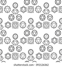 abstract geometric background, seven human chakras, vector seamless pattern, illustration, black and white colors.