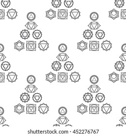 abstract geometric background, seven human chakras, vector seamless pattern, illustration, black and white colors.