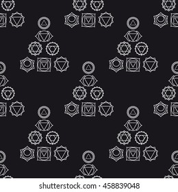 abstract geometric background, seven human chakras, vector seamless pattern, illustration, black and white colors.