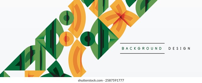 Abstract geometric background with shapes, featuring circular and rounded elements. Bold contrast, smooth gradients, dynamic composition, futuristic style
