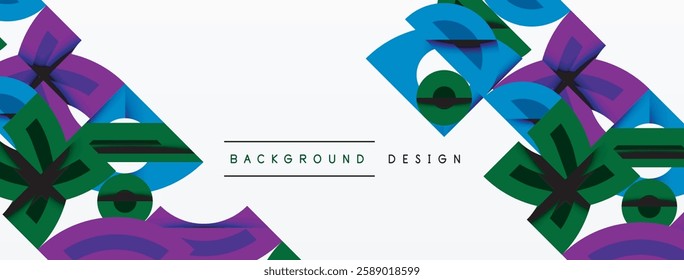 Abstract geometric background with shapes, featuring circular and rounded elements. Bold contrast, smooth gradients, dynamic composition, futuristic style