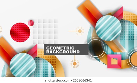 Resumo geométrico. As formas se sobrepõem, criando um efeito visual dinâmico. As cores incluem vermelho, azul, laranja, amarelo. Design moderno.