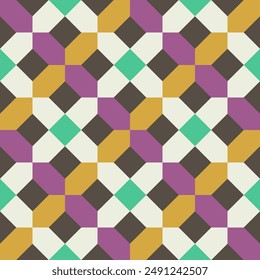 Abstrakter geometrischer Hintergrund mit Formen. Nahtloses Vektorgrafik-Muster. Orange, Grün, Rosa, Beige und Braun	
