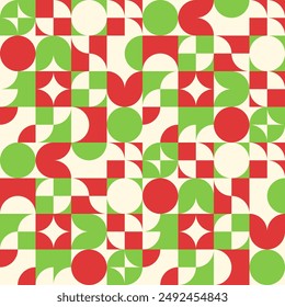 Abstract geometric background with shapes. Seamless vector pattern. Red, green and beige color	