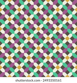 Abstract geometric background with shapes. Seamless vector pattern. Orange, green, pink, beige and brown	