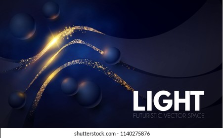 Abstract Geometric Background. Shining 3D Design Template with Gold Shining Wave Gaps and Flying Spheres. Vector illustration