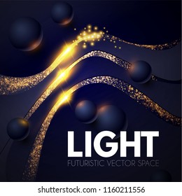 Abstract Geometric Background. Shining 3D Design Template with Gold Shining Wave Gaps and Flying Spheres. Vector illustration