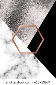 Abstract geometric background with silver, marble texture and copper hexagon. 