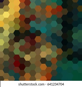 Abstract geometric background of small hexagonal shapes of blue, brown and yellow.