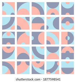 Abstract geometric background with squares, semicircles and arcs. Modern pattern with rounded shapes in trendy pastel colors