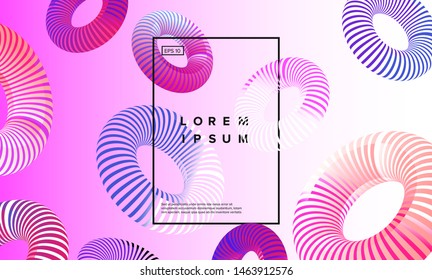 Abstract geometric background with striped tori (torus or toroid). Composition of colorful holographic neon 3d shapes, vaporwave/ retrowave/ cyberpunk style.