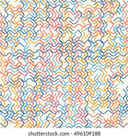 Abstract geometric background. Abstract technology pattern with colorful geometric shapes in tessellation. Linear abstract lattice, random coloring. Vector seamless linear pattern.