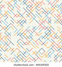 Abstract geometric background. Abstract technology pattern with colorful geometric shapes in tessellation. Linear abstract lattice, random coloring. Vector seamless linear pattern.