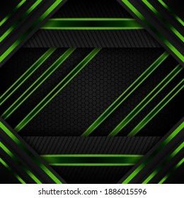abstract geometric background template design use combination light green and black gradient colors. square layout with hexagon and diagonal line pattern. triangle frame on out side.