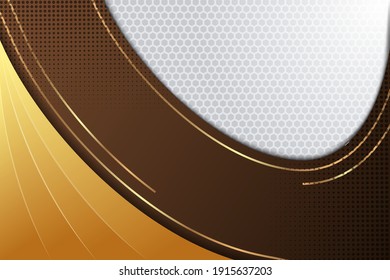 Abstract geometric background template design with horizontal layout. Combination brown and gold gradient. diagonal curve of line, hexagon pattern and black transparency of dot halftone as element.