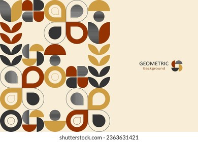Abstract geometric background. Template design with the simple shape of circles, and line art in black brown, and yellow on a beige background. Landing page design. Vector Illustration.