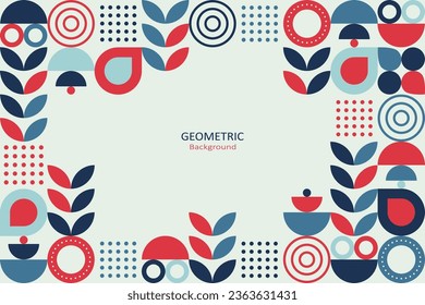 Fondo geométrico abstracto. Diseño de plantillas con la forma simple de círculos, patrones de puntos y líneas de arte en rojo oscuro y azul en un fondo azul claro. Ilustración vectorial.