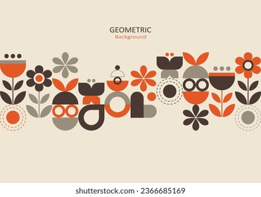 Fondo geométrico abstracto. Diseño de plantilla con la forma simple de círculos y curvas en marrón gris y naranja sobre un fondo beige. Diseño de página de inicio. Ilustración vectorial.