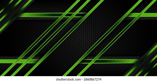 Plantilla de fondo geométrico abstracta con gradiente de color verde combinado con gradiente gris oscuro y negro. elemento de patrón de línea hexagonal y diagonal. Estilo de corte de papel con diseño horizontal. 