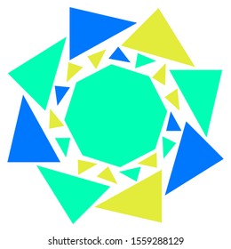 Abstract geometric background texture for design. Large and small triangles of three colors are collected in a flower. Vector banner template . Space for text.