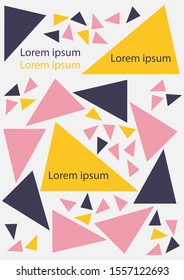 Abstract geometric background texture for poster cover design. Tricolor vector banner template with triangles. Pink, blue, yellow. Space for text.