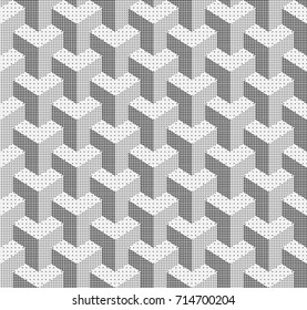 Abstract geometric background with three-dimensional cubes stylized under halftone. Seamless vector pattern. Figures filled with dots. Even monochrome background. Mosaic texture for original design.