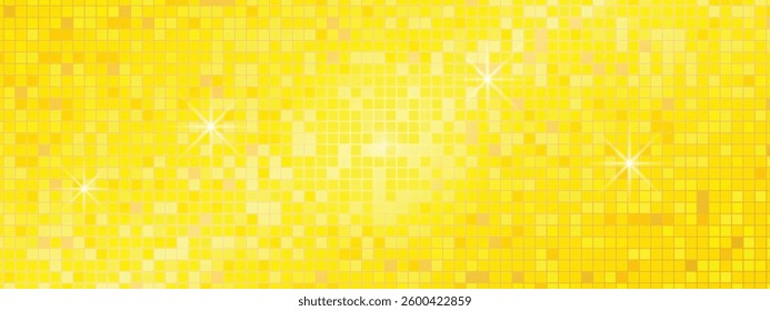 Abstract geometric background with tiles. Mosaic texture gold disco ball in a nightclub or discotheque hall. Bright shiny backdrop with highlights and glow. Vector illustration