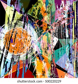 abstract geometric background, with triangles, circle, paint strokes and splashes, grungy