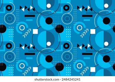 Abstract geometric background, triangles, circles and other shapes. Atypical and stylish seamless vector pattern. Blue color.