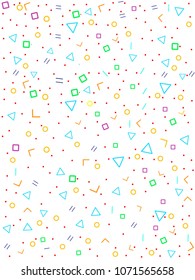 Abstract geometric background with triangles, squares, circles, dots, lines. Seamless pattern in memphis 80s and 90s style. Colorful vector illustration