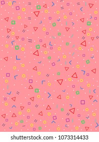 Abstract geometric background with triangles, squares, circles, dots, lines. Seamless pattern in memphis 80s and 90s style. Bright colorful vector illustration