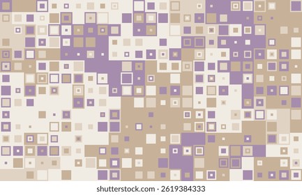 Abstract geometric background of varied sized squares in muted beige and purple tones.  Ideal for website banners, presentations, or textile designs evokes feelings of calm and sophistication.