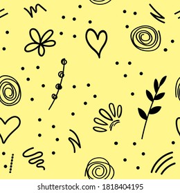 Abstract geometric background with various hand drawing and geometric shapes lines. Memphis style. Black yellow beige sand color. Vector seamless pattern for printing on wallpaper, paper, bedding