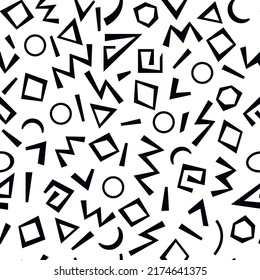 Abstract geometric background with various geometric shapes. memphis style. black on a white background. Vector seamless pattern for printing on wallpaper, paper, bedding, fabric.