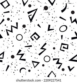 Abstract geometric background with various geometric shapes, triangles, circles, rhombuses, squares, lines. memphis style. black on a white background. Vector seamless pattern