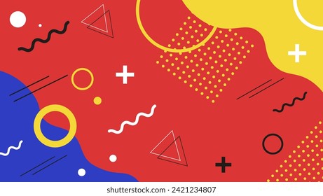 Abstract geometric background with various geometric shapes - triangles, circles, dots, lines. Memphis style. Bright and colorful, in the style of the 90s. Vector seamless pattern. Bright colors